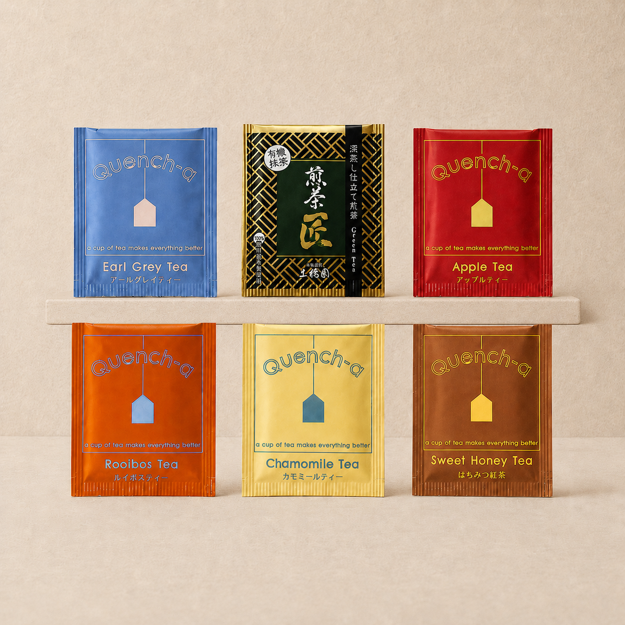 煎茶、はちみつ紅茶、アールグレイ、ルイボスティー、アップルティー、カモミールの6種類のティーバッグ